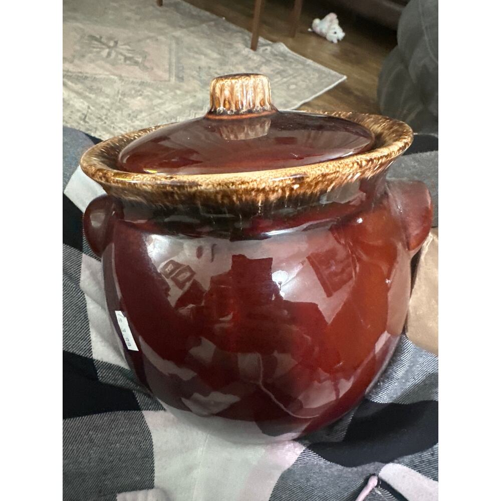 Hull USA Ovenproof,  Brown drip glaze, Stoneware, Crock, BeanPot,  6" Tall.